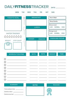 a printable daily planner with the words daily fitness tracker