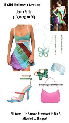 a woman in a colorful dress and accessories for halloween costume, with text overlaying it