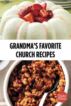 the cover of grandma's favorite church recipes, including strawberries and other desserts