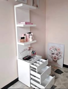 an organized makeup storage unit in a pink and white room with various cosmetics on shelves