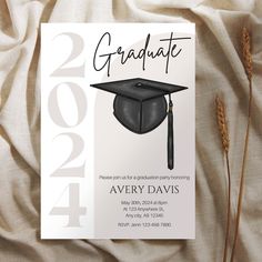 a graduation party flyer with a mortar cap and tassel on the top of it