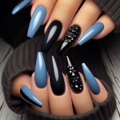 Blue Black Nails Short, Nails Black Coffin, Black And Blue Nails, Coffin Nails Black, Classy Coffin Nails, Blue Stiletto Nails, Nail Sunny, Summer Coffin Nails, Coffin Nails Short