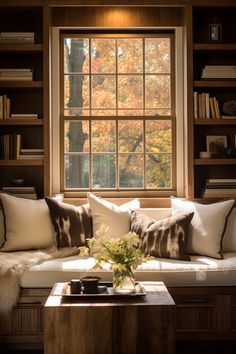 a living room filled with lots of furniture and bookshelves next to a window