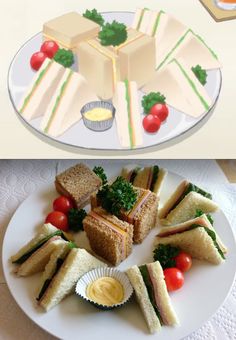 two plates with sandwiches on them, one is cut in half and the other has cheese