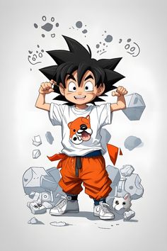 an image of a young gohan with his hands on his head and other items around him