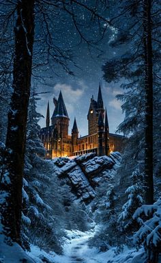 the hogwartian castle is lit up at night with snow on the ground and trees