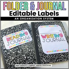 two journals with writing on them and the title, folder & journal labels an organization system