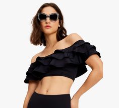 Swim sunbathe or strut to the snack bar in our ruffled off-the-shoulder top. | Kate Spade Ruffle Off-The-Shoulder Bikini Top, Black - XS Black Off-shoulder Swimwear For Beach Season, Black Off-shoulder Swimwear For Beach, Off-shoulder Ruffled Swimwear For Vacation, Off-shoulder Ruffled Swimwear For Beach Season, Fitted Off-shoulder Swimwear With Ruffles, Snack Bar, Black Xs, Kate Spade New York, Black Media