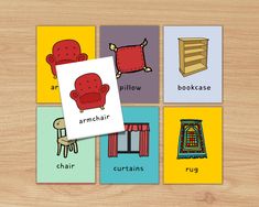 there are four cards with pictures of different furnitures and words that spell out the word armchair