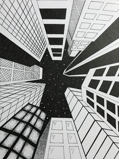 black and white drawing of tall buildings