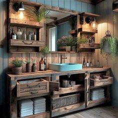 the bathroom is decorated in rustic style with wood accents and blue walls, along with wooden flooring