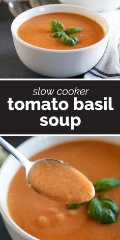 two bowls of tomato basil soup with a spoon