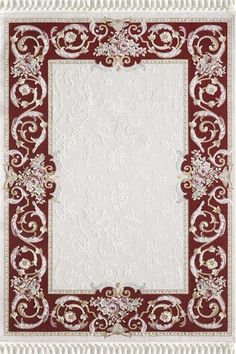 a red and white rug with an ornate border