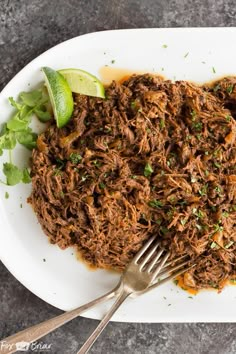 shredded meat on a white plate with a fork and lime wedged into it, garnished with cilantro