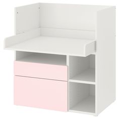 a white desk with two drawers and one shelf on the bottom, in front of a white background