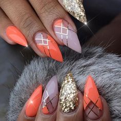 Orange and Gold stripes with glitter nail art for summer. 12 Trending ideas. Matte Nails Design, Her Nails, Super Nails, Trendy Nail Art, Homecoming Nails, Hot Nails, Luxury Nails, Glitter Nail Art, Beautiful Nail Art