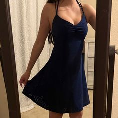 Nwot Super Cute Strappy Back Flowy Dress Navy Blue Sundress For Spring Or Summer Dark Blue Sundress, Navy Stretch Mini Dress For Summer, Navy Mini Dress For Beach, Navy Blue Sundress, Flowy Tops Summer, Navy Sundress, Blue Sundress, Blue Summer Dresses, Shein Dress