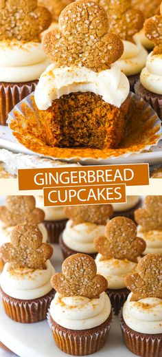 cupcakes with white frosting and gingerbread on top are shown in the foreground