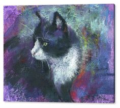 a painting of a black and white cat