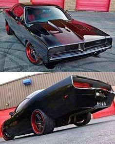 two pictures of a black muscle car with red rims