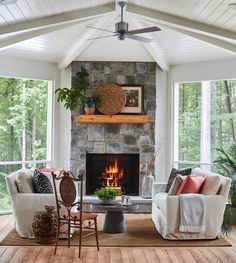 a living room filled with furniture and a fire place in the middle of a room