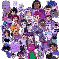 a bunch of cartoon characters are grouped together