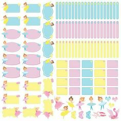 various fairy princess stickers and labels on a white background with pink, yellow and blue accents