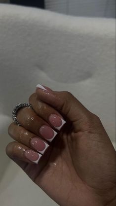 French Tip With Pink Acrylic Nails, White French Tips On Brown Skin, Unique Short Acrylic Nails Square, Deep Arch French Nails, Short Junk Nails, Polish Nails, Drip Nails