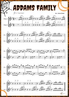 sheet music with the words adams's family written in orange and black on it