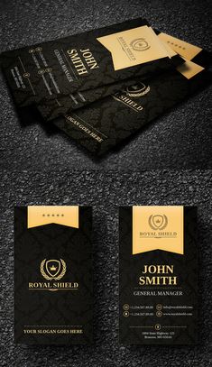 the business card is designed to look like it has gold foil on it and black background