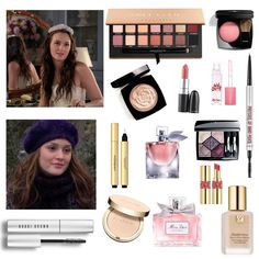 a collage of beauty products including lipstick, eyeliners and makeup