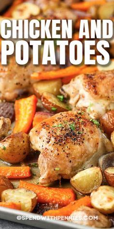 chicken and potatoes on a sheet pan with text overlay that reads chicken and potatoes