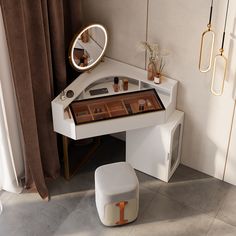 a white vanity with a mirror and stool next to it on the floor in front of a curtained window