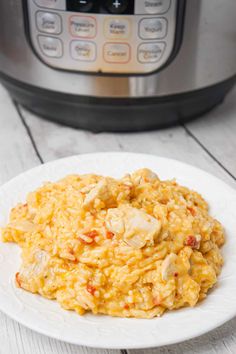 a plate with rice and chicken on it next to an instant pressure cooker in the background