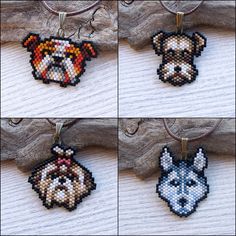 four different pictures of dogs made out of bead