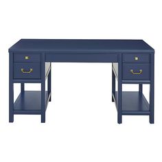 a blue desk with two drawers on each side and one drawer at the top that is open