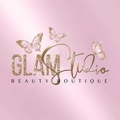 the logo for glam studio, a beauty boutique with gold butterflies on pink background