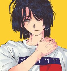 an anime character with black hair wearing a white t - shirt and holding his hands together