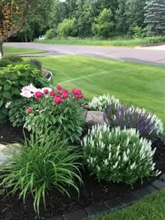 a garden with flowers in the middle of it and some grass on the side walk