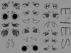 an assortment of different shapes and sizes of eyeballs on a gray background with black outlines