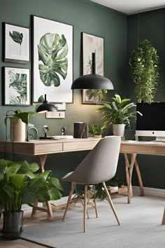 a home office with green walls and plants on the desk, along with two chairs