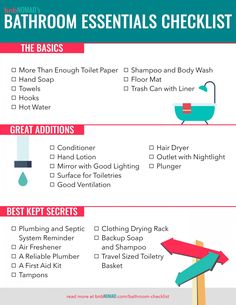 the bathroom essentials checklist is shown in red and blue, with an arrow pointing to