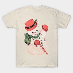 cute vintage midcentury snowman -- Choose from our vast selection of Crewneck and V-Neck T-Shirts to match with your favorite design to make the perfect graphic T-Shirt. Pick your favorite: Classic, Boxy, Tri-Blend, V-Neck, or Premium. Customize your color! For men and women. Cute Winter T-shirt With Graphic Print, Vintage Screen Print Tops For Winter, Vintage Graphic Print Winter Top, Vintage Christmas Graphic Print Tops, Christmas Vintage Graphic Tops, Vintage Cotton Tops For Holiday, Vintage Christmas Crew Neck Top, Vintage Christmas Graphic Print T-shirt, Retro Crew Neck T-shirt For Winter