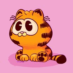 a cartoon cat with big eyes sitting on the ground