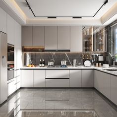 a kitchen with marble flooring and white cabinets, along with a large window overlooking the city