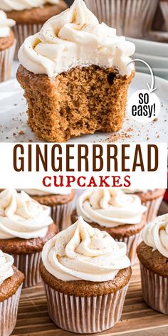 a close up of cupcakes with frosting on top and the words gingerbread cupcakes above it