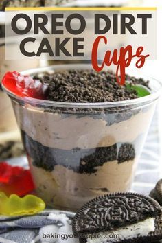 no bake dirt cake cups with oreo cookies in the background and text overlay that says no bake dirt cake cups