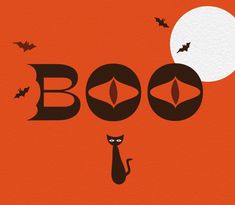 an orange background with bats and a black cat in the center that says boo on it