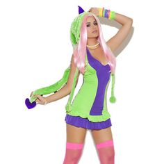 Dino Doll 2 Piece Costume Halter Dress & Dinosaur Hood Small - Medium - Large - X/Large Color(S) Purple & Green Dino Doll, Dinosaur Halloween Costume, Dinosaur Halloween, Elegant Moments, Punk Rave, Women's Costumes, Costume Dress, Green And Purple, Halloween Costume