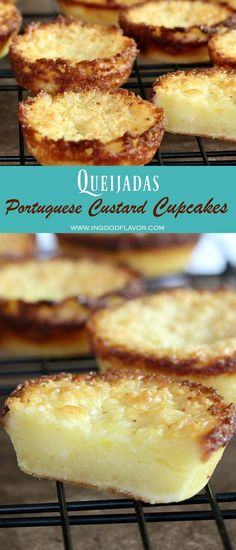 several pieces of quiche sitting on top of a cooling rack with the words queladas written above it